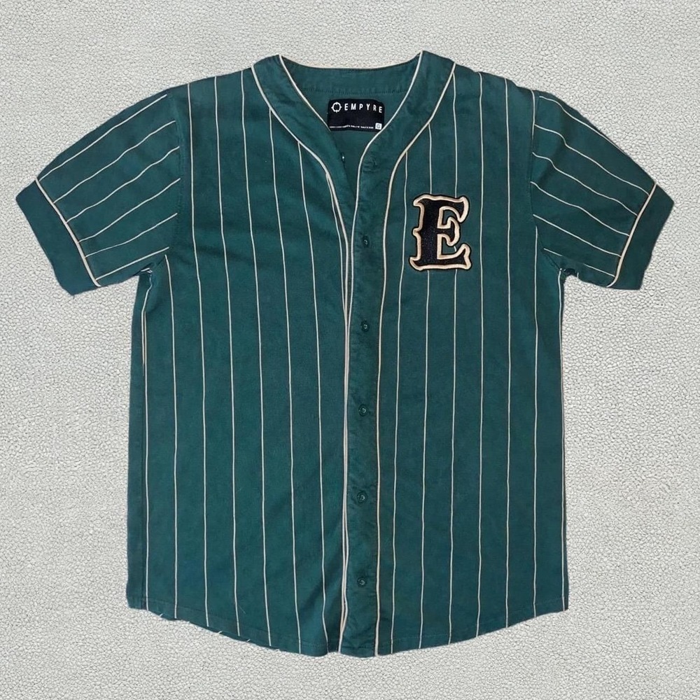 Empyre Green Pinstripe‎ Baseball Jersey Varsity E Chenille Patch Mens XL